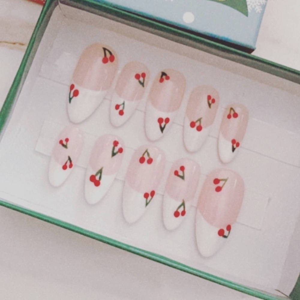 ✨HOST PICK✨Y2K Cherries French Tip Short Almond Luxury Press On Nails Handmade